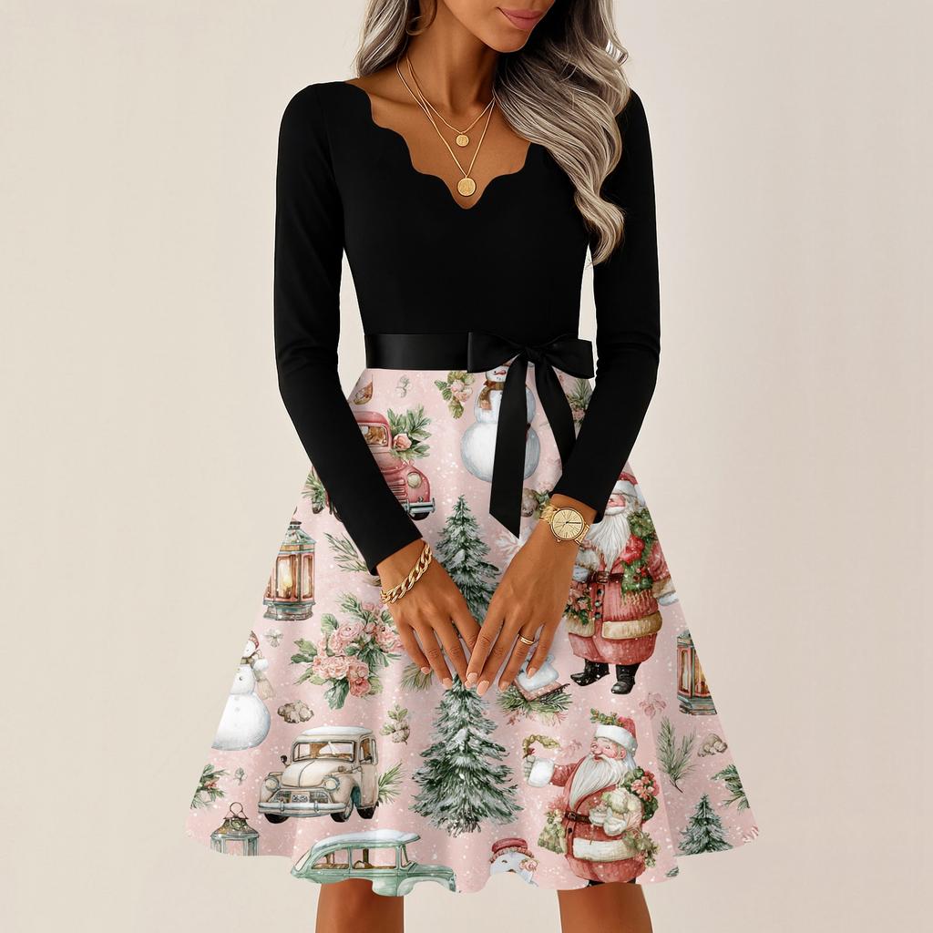 Женское повседневное модное платье с V-образным вырезом и длинными рукавами в стиле ретро с рождественским принтом