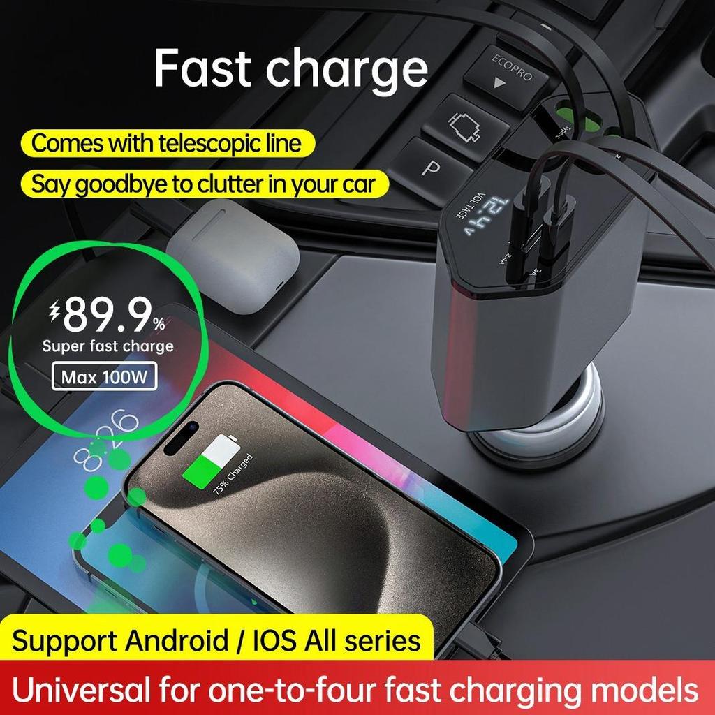 Retractable Car Charger 2 Ports USB Type C Fast Car Charger for iPhone 16 15 14 13 12 Pro Max Samsung