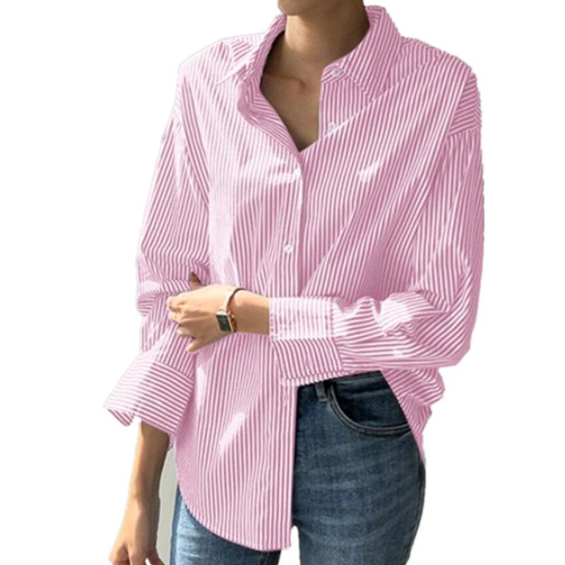 Women Fashion Striped Blouse Spring Summer Elegant Shirts Casual Loose Long Sleeve Button Up Tunic Tops