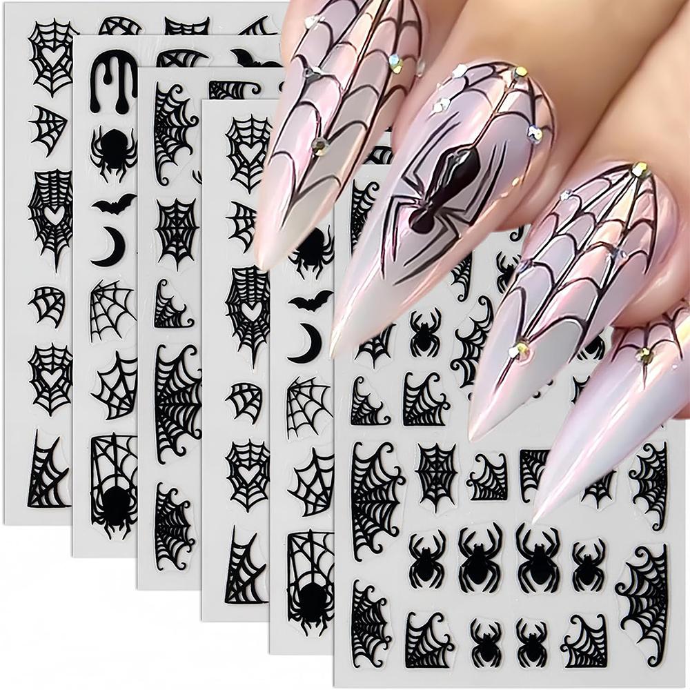 8 Sheets Halloween Nail Decals Self-Adhesive Black White Art Stickers For Women