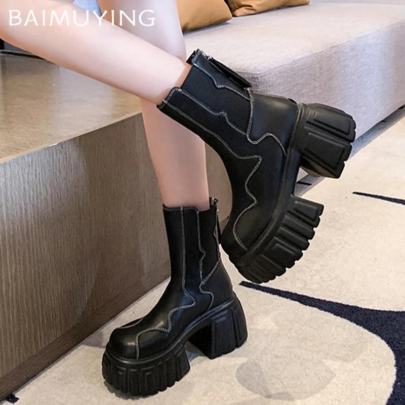 Winter Leather Platform Women Ankle Boots Chunky Designer High Heels Shoes 2025 Trend Fashion Pumps Goth Motorcycle Botas Mujer