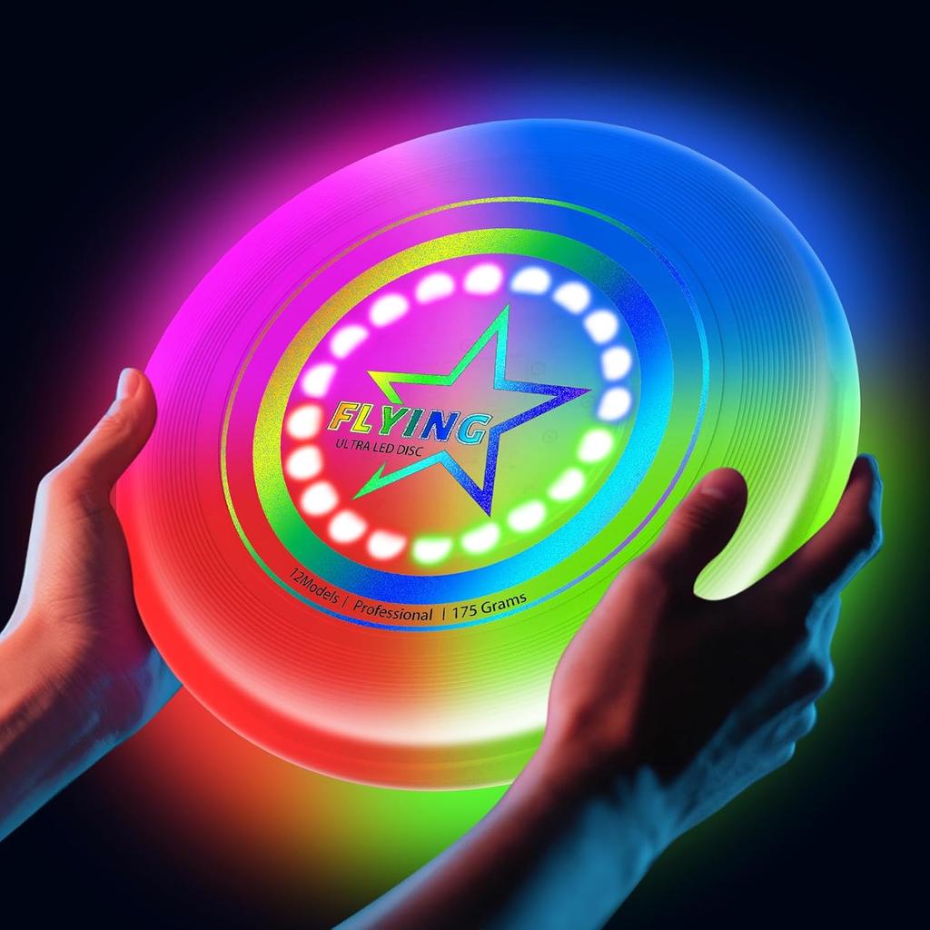 Ультраяркий летающий диск, светящийся летающий диск - 12 интеллектуальных световых программ, перезаряжаемый и ударопрочный (Идеально для ночных игр, вечеринок в саду,)