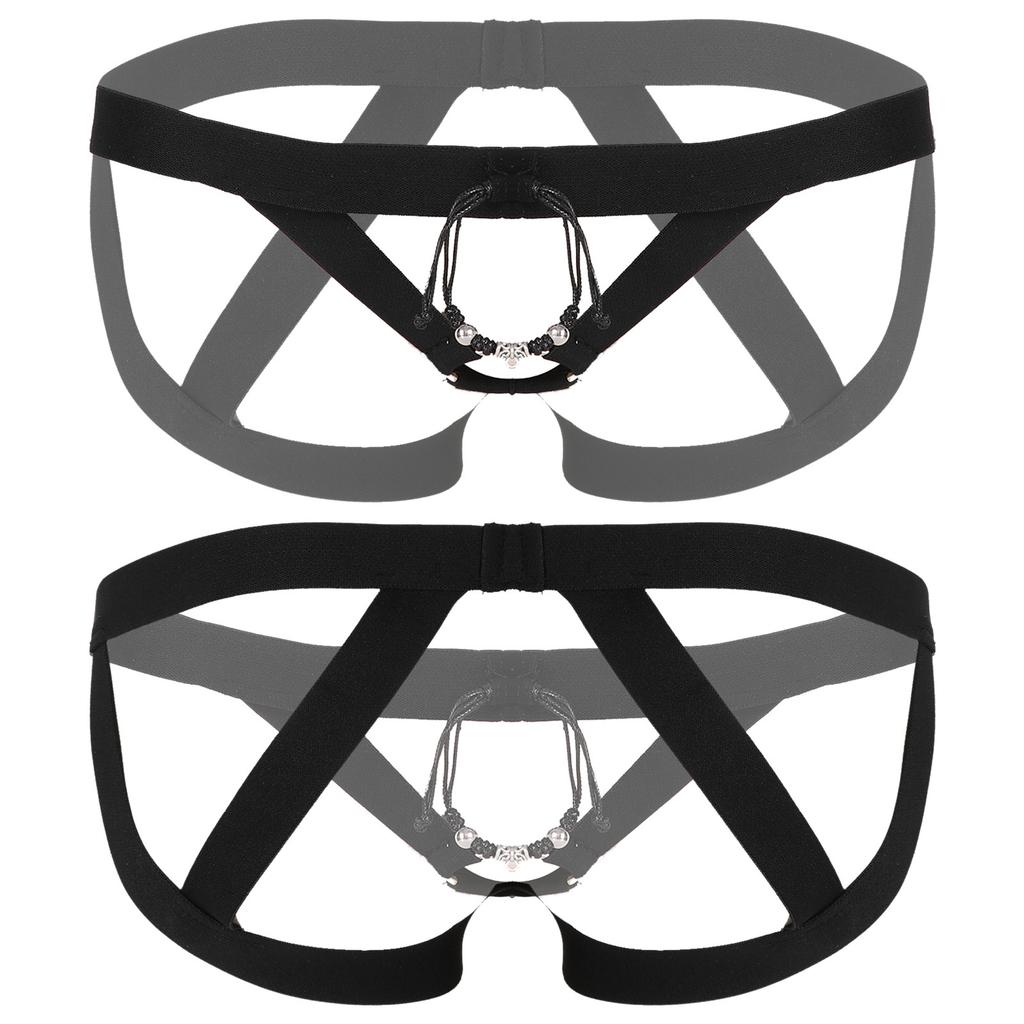 Men Crotchless Strappy Thongs O-ring Bead Decor G-string Low Rise Elastic Waistband for Honeymoon