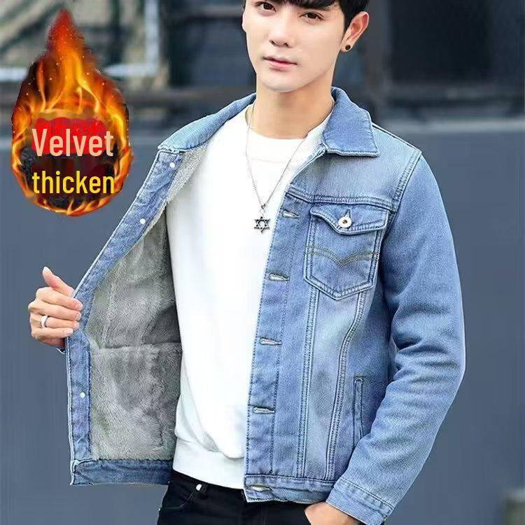 Мужская джинсовая куртка в корейском стиле с бархатной подкладкой — модная, красивая, теплая, свободного кроя, с лацканами для весны и осени