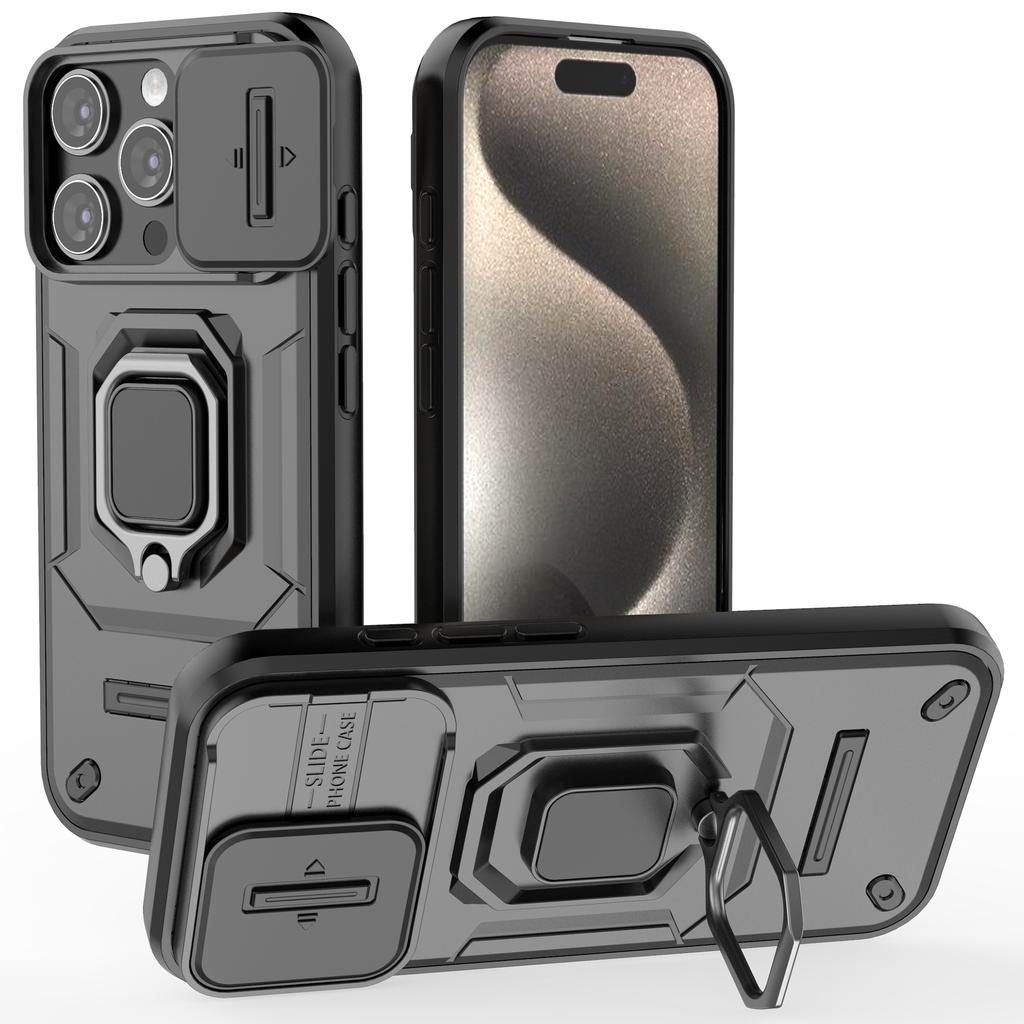 For iPhone 16 Pro Case Ring Kickstand Slide Lens Protection PC+TPU Phone Cover