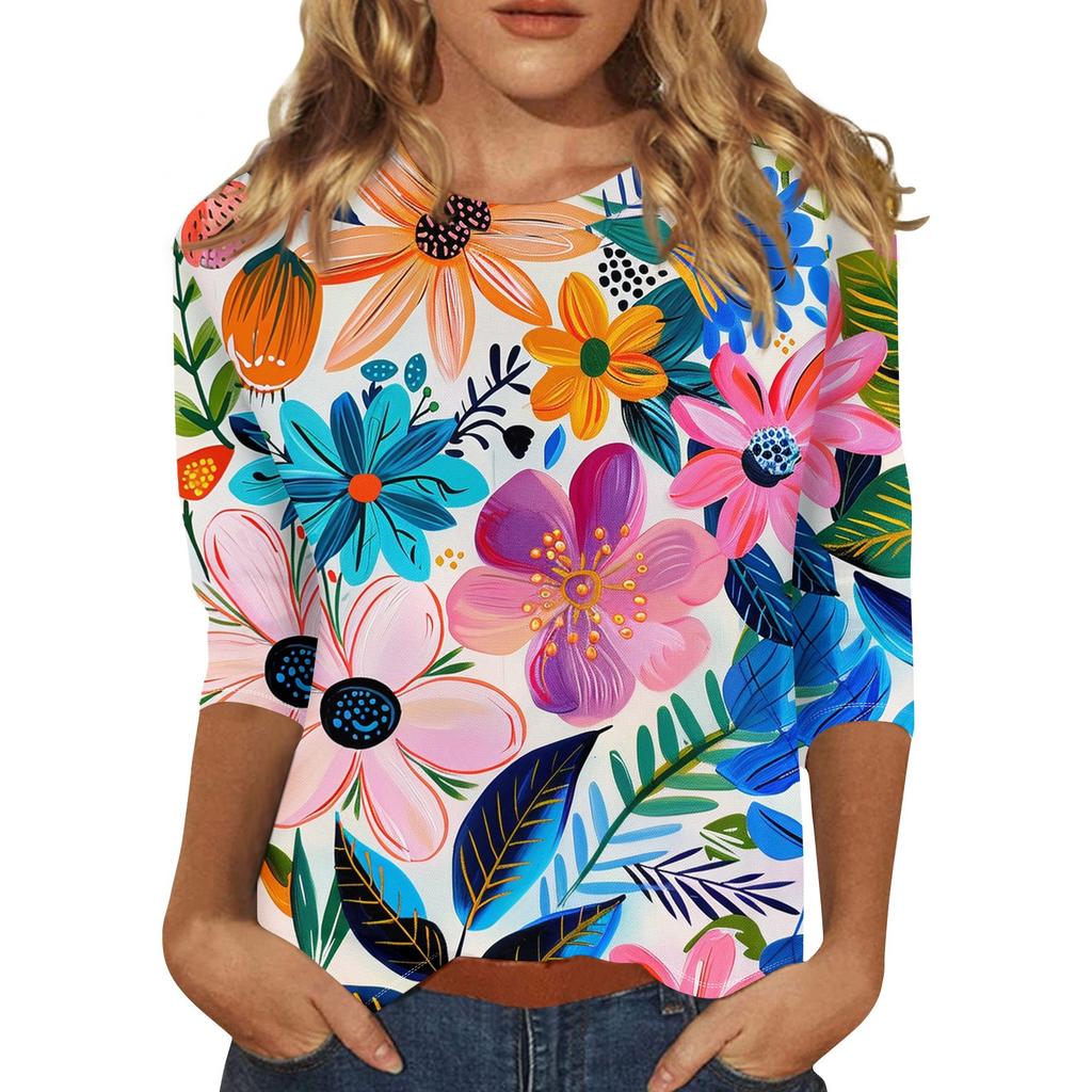 Женский топ с цветочным принтом, круглым вырезом и рукавами три четверти Футболка Футболка с рукавами три четверти