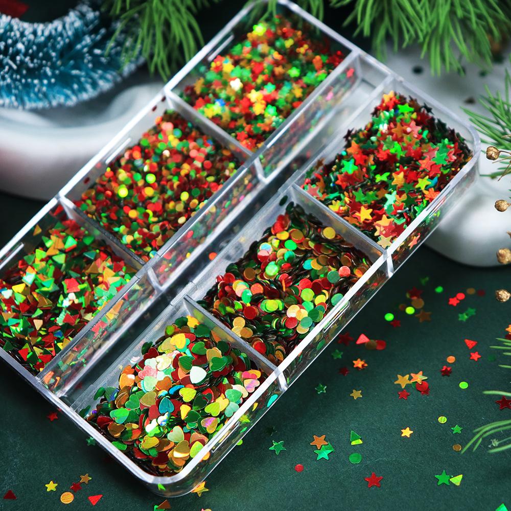 1 Box Christmas Nail Art Sequin Decorations, Mixed-shape Glitter Star, Heart Designs, Festive Nail Parts, Xmas Parties Nail Art Supplies