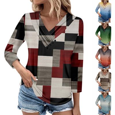 Женские повседневные футболки с рукавом 3/4 для выходных с V-образным вырезом и принтом, свободные плиссированные футболки, женская блузка