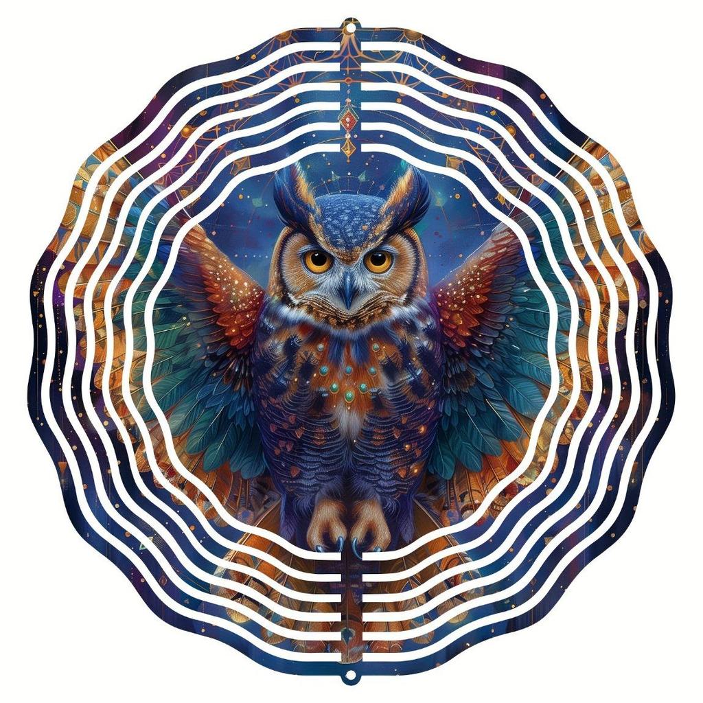 10-дюймовый металлический спиннер для ветра «Сова и звезды» - декоративная подвесная ветряная мельница для сада, патио, окна | Классический круглый дизайн