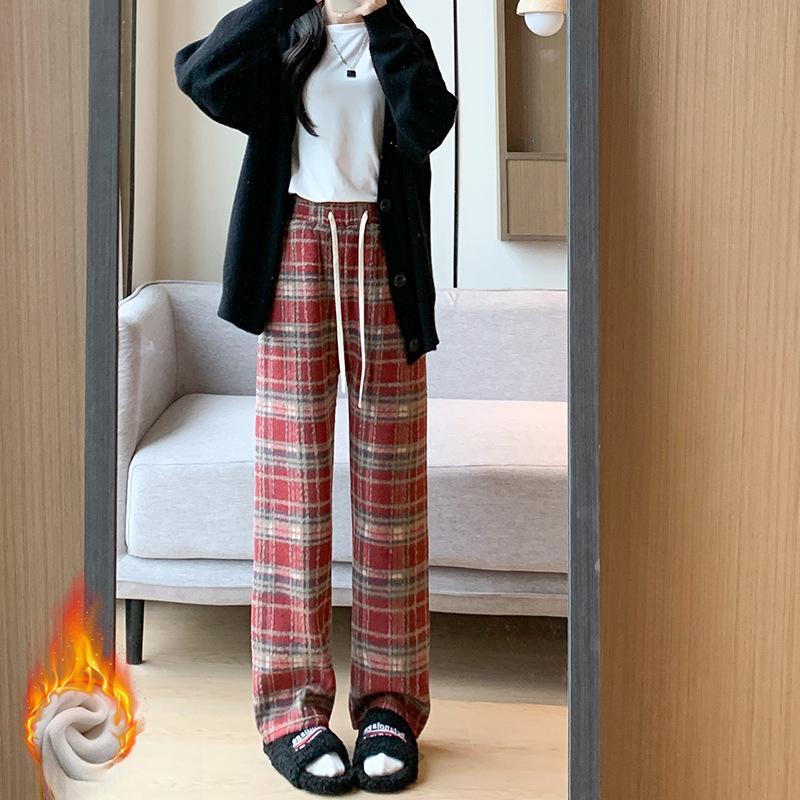 Осенне-зимние шерстяные клетчатые женские длинные брюки с эластичной талией, свободные прямые брюки для женщин
