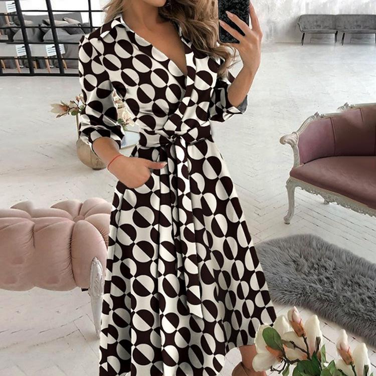 Женское Модное Платье Bodycon с V-образным вырезом и Принтом, Длинный Рукав 2025