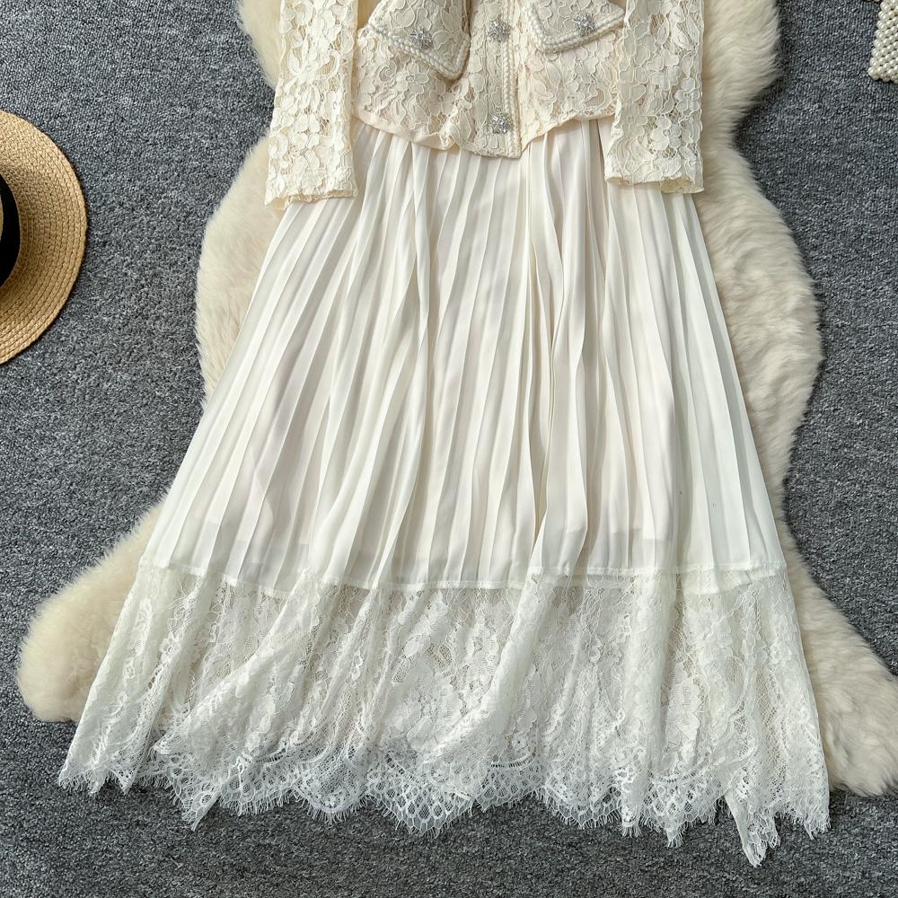 Платье высокого класса для женщин на осень, французская мода, кружевное, с длинными рукавами, пэчворк, с акцентом на талии, плиссированное длинное платье