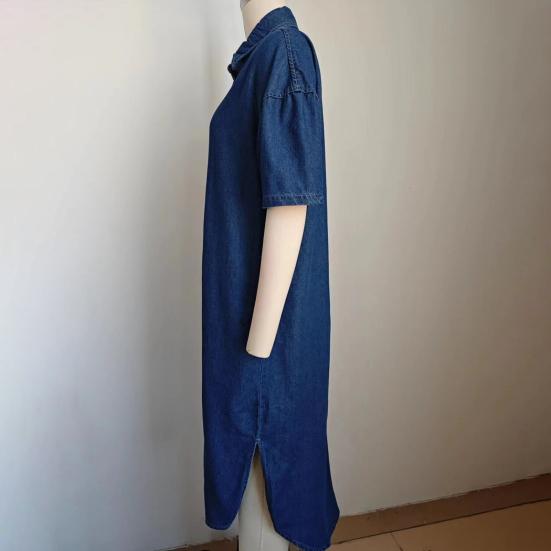 Джинсовое платье для женщин с коротким рукавом, джинсовое платье-рубашка на пуговицах с лацканами, летнее миди-платье-сдвиг с карманами