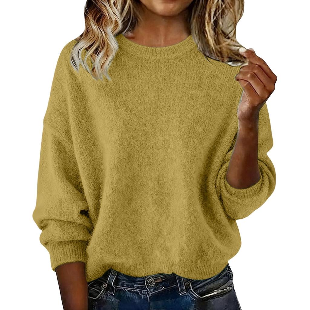 Women's Fashion Casual Loose Pullover Solid Color Round Neck Long Sleeve Knit Sweater