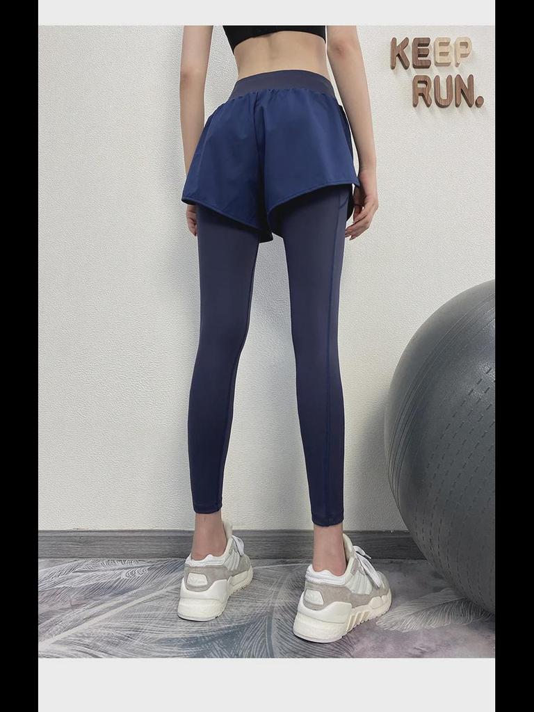 Женские штаны для йоги с высокой талией - Подтяжка бедер, эластичные леггинсы для фитнеса и бега, имитация спортивной одежды из двух частей