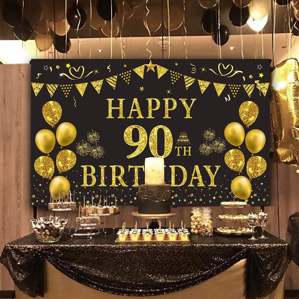 Trgowaul 90th Birthday Backdrop Gold and Black 5.9 X 3.6 Fts Happy Birthday Party Decorations Banner for Women Men Photography Supplies Background