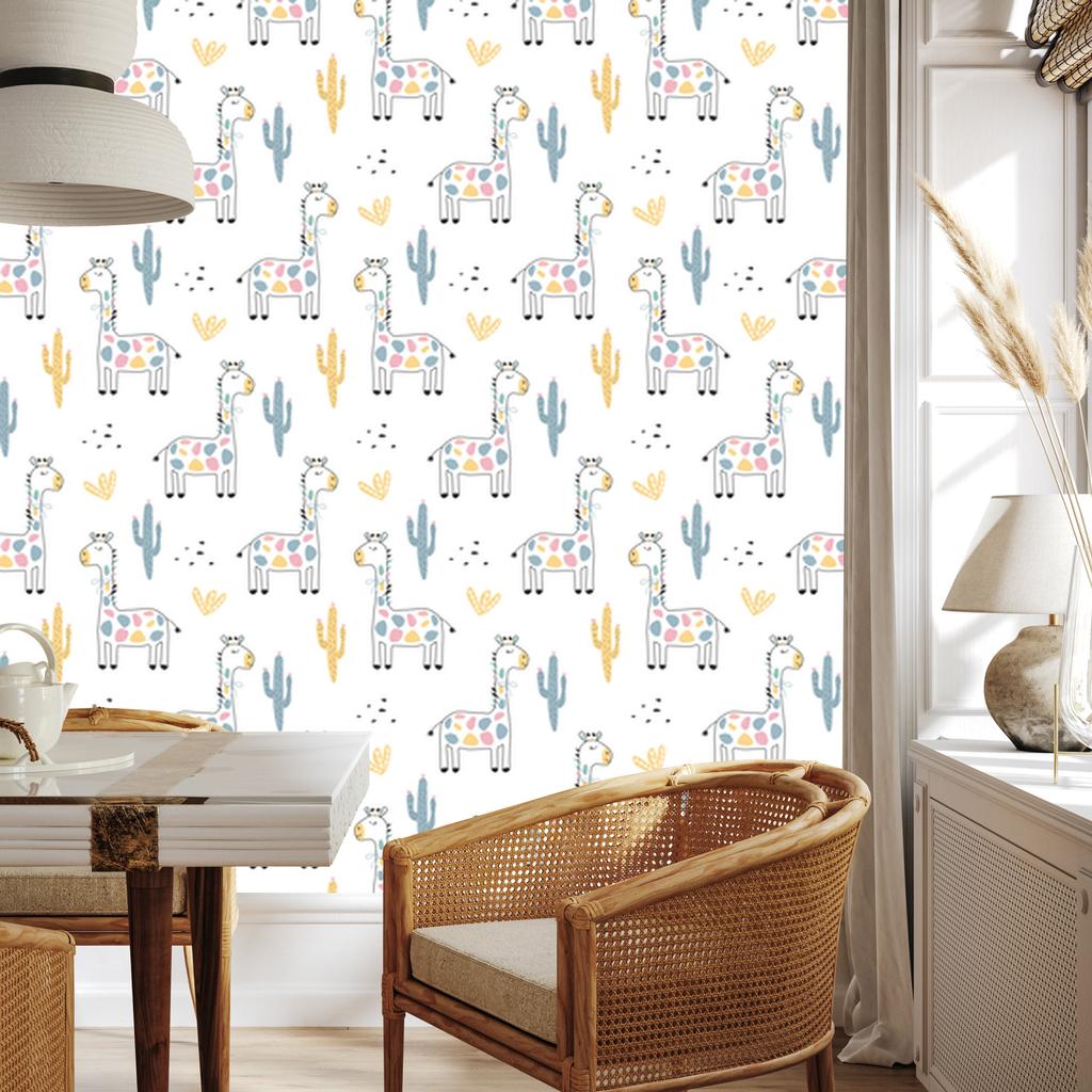 Wallpaper Colorful giraffes cacti plants for living room and bedroom 50x1000