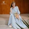 Синее midi-платье Xiangying с вышивкой и рукавами-фонариками