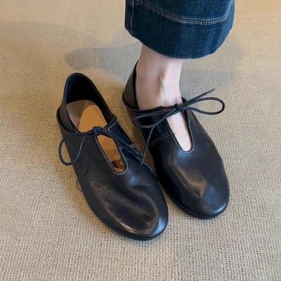 Версия из овчины~ ретро мягкая кожа на плоской подошве на наборном каблуке два способа ношения маленькие кожаные туфли женские ранняя весна новый на шнуровке с перфорацией круглый носок