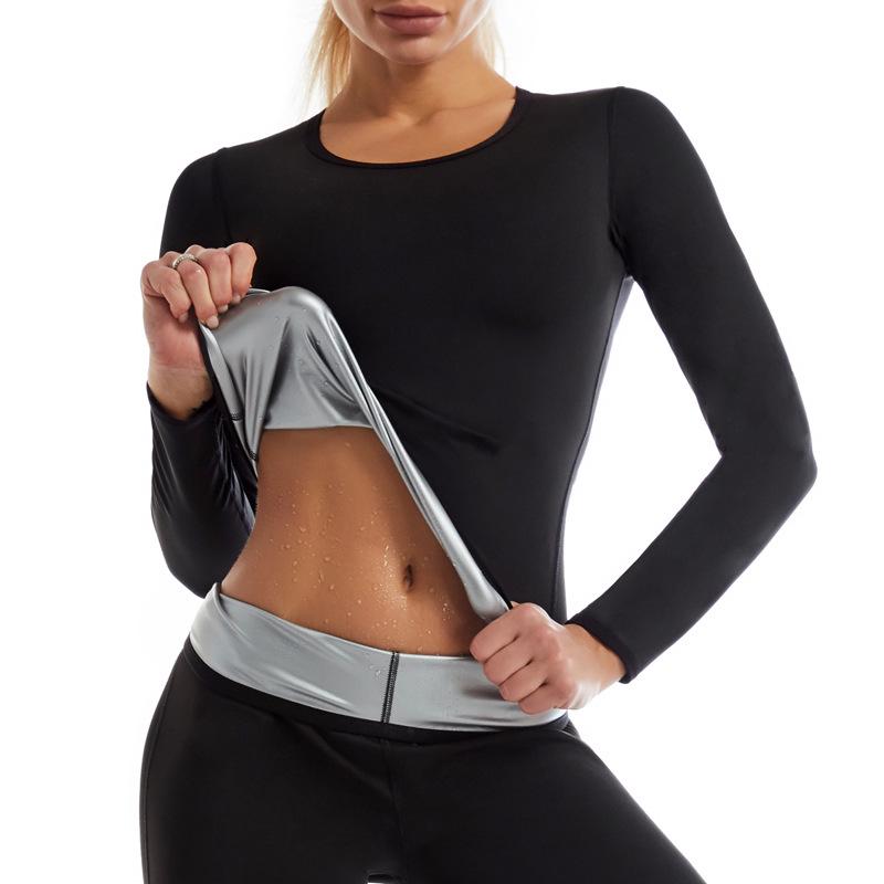 Women's Body Shaping Sweat Suit: Tummy Control Yoga Pants & Long Sleeve Top for Fitness & Running