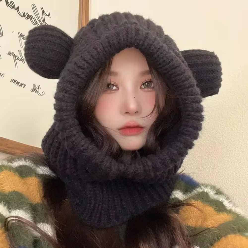 Bear Ear Knitted Hooded Beanie Hat Solid Color Pullover Hat Kawaii Balaclava Hat Female/Girls