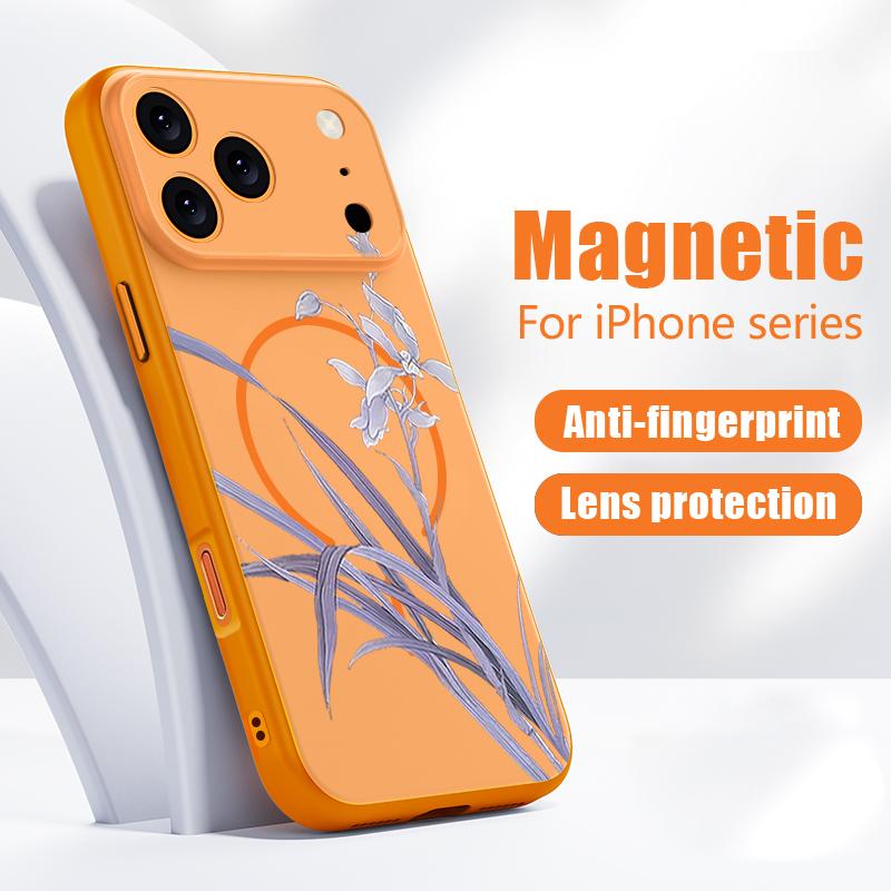 Магнитный Чехол Для Magsafe Для iPhone 17 Pro Max Фиолетовая Орхидея Цветочный Узор Покрытие С Ощущением Кожи Для iPhone 16 15 14 13 Pro Max