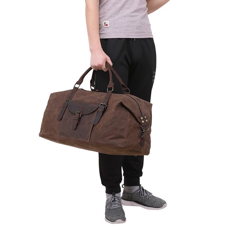 Vintage Travel Duffel Bag - Large Capacity Waxed Canvas Bag with Crazy Horse Leather, Men's Short Trip Outdoor Luggage Bag T0025#