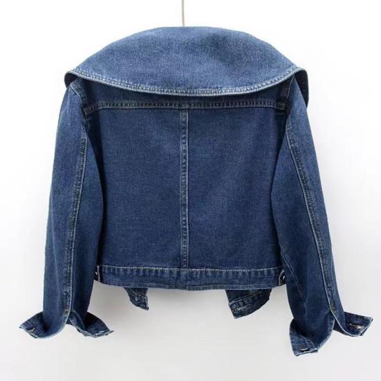 Women Denim Jacket Retro Single-breasted Doll Collar Long Sleeves Solid Color Side Pockets