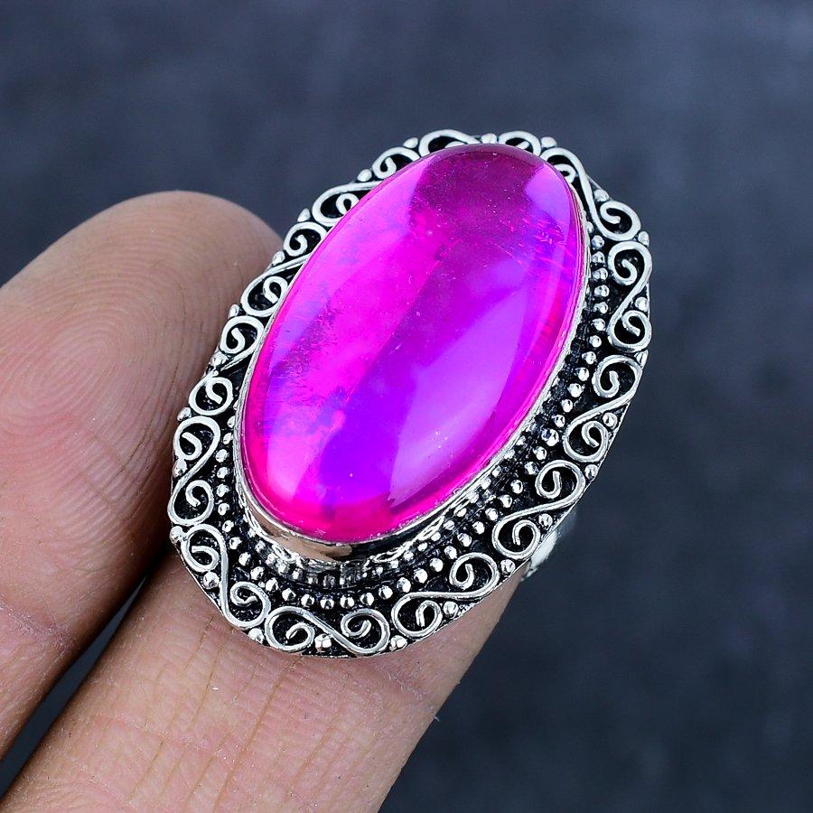 Кольцо из серебра 925 пробы с натуральным розовым мистическим стеклянным драгоценным камнем, размер 8 Q5Y31