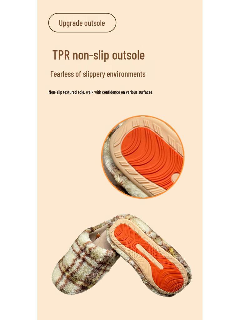 Women’s & Men’s Retro Plaid Cotton Slippers: Cozy, Plush, Thick Sole, Silent Warmth for Autumn/Winter Indoors.