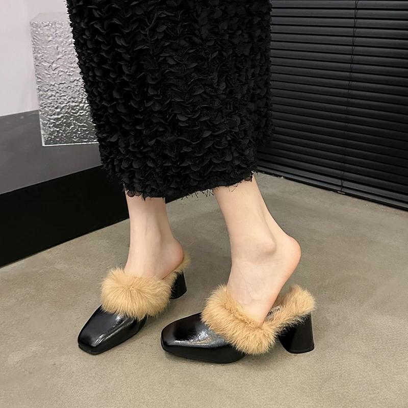 Модные женские тапочки, зимние новые высокие каблуки, квадратная голова, шерсть, леопард, хлопок, стильные, удобные, тапочки Add Home