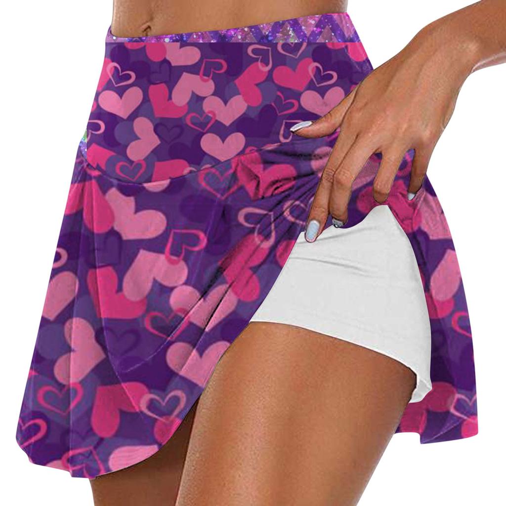 Женская мода с принтом на День Святого Валентина, повседневная спортивная фитнес-беговая йога, теннисная юбка, плиссированная короткая юбка, шорты, полуюбка
