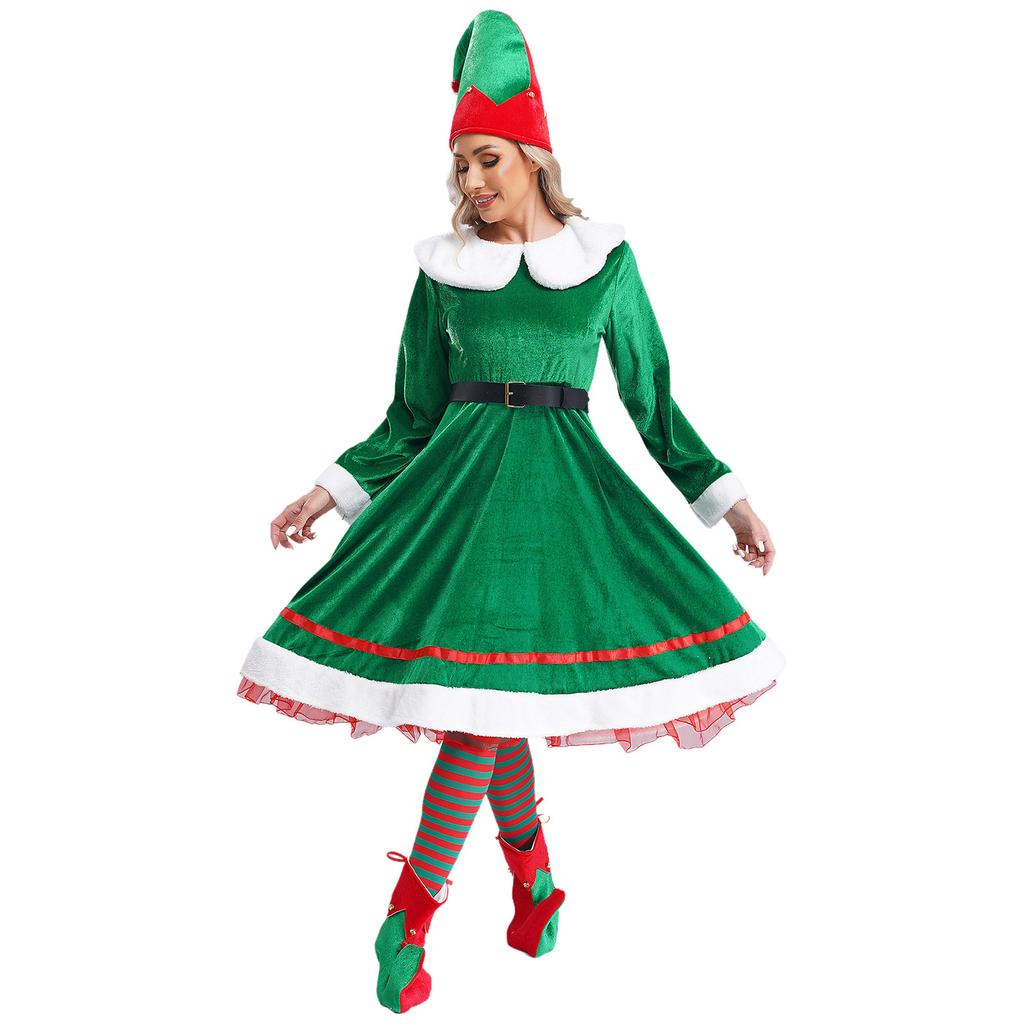 Женский рождественский костюм эльфа, платье из фланели с колокольчиком, пояс, шляпа, полосатые чулки, обувь, набор для косплея