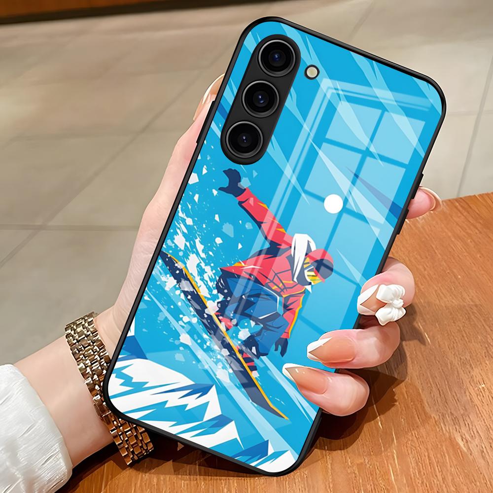 Чехол для телефона Samsung S25 Edge Ultra S23 S22 S21 S20 Ultra Plus S24 Fe A54 A53 A25 со стеклянной крышкой, дизайн: Лыжи Снег Сноуборд Лыжи