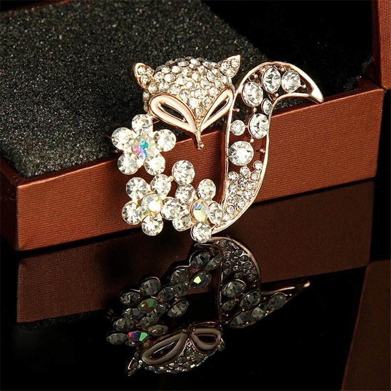 New Creative Female Color Drill Fox Alloy Drill Flower Brooch Rhinestone Fox Design Brooch
