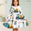 Little Girls White High Neck Fuzzy Trim Long Sleeve Tie Waist Motorcycle Printed A Line Flared Dress