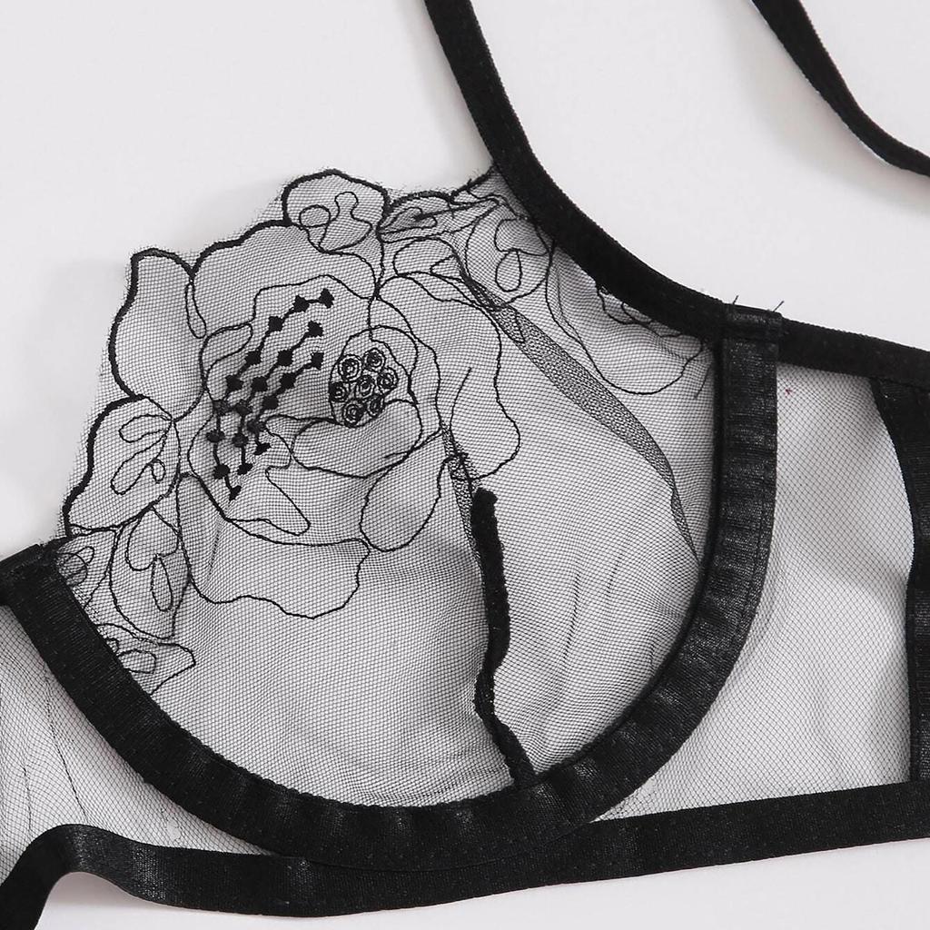 New Women's Sexy Bras and Panties Lace Flower Mesh Embroidered Sheer Lingerie Set