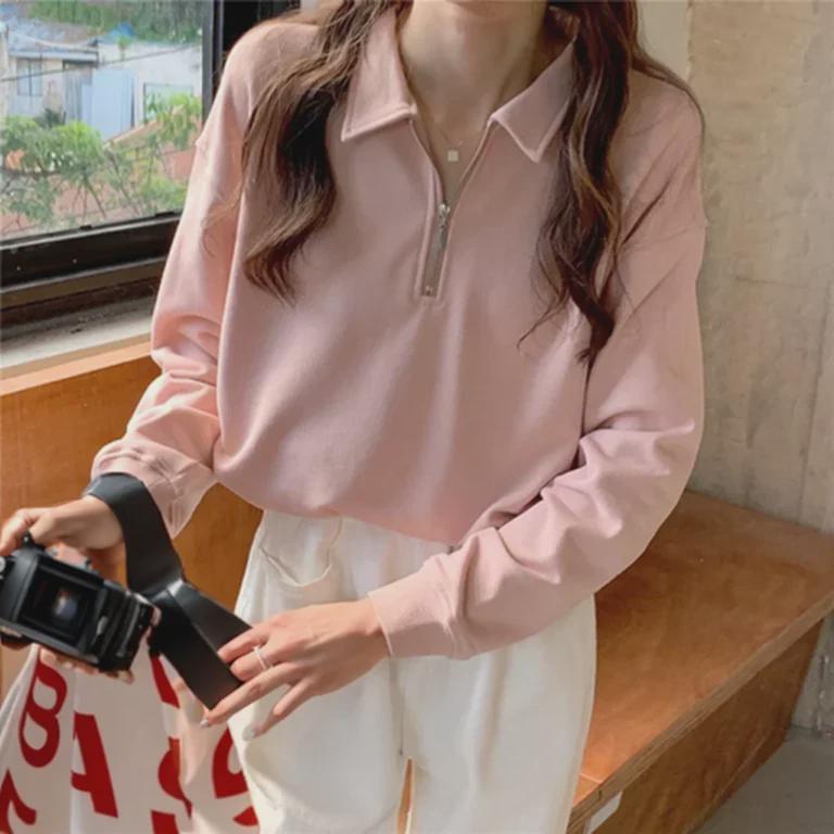 Женская толстовка Harajuku Oversize с воротником-стойкой - повседневный топ в гонконгском стиле для студентов