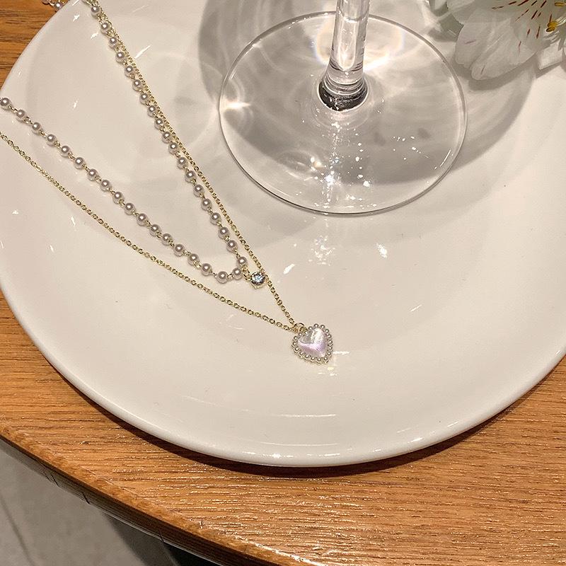 Summer Pearl Double Layer Heart Necklace - Women's Luxurious Layered Clavicle Chain Choker