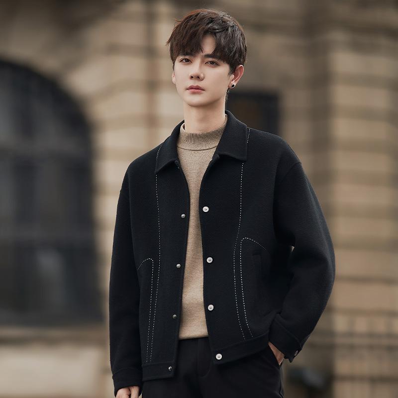 Двустороннее шерстяное мужское пальто осенне-зимнее шерстяное пальто с отворотом воротника короткая плотная куртка высокого класса