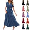 Women's Summer Bohemian Dot V-Neck Floating Short Sleeve Solid Color Tie Dresses