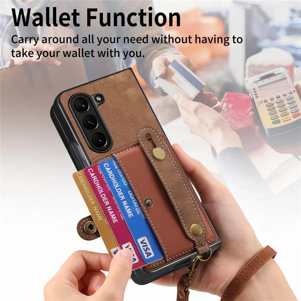 Чехол-кошелек с ремешком на запястье для Samsung Z Fold 6 5 4 S24 Ultra S23 FE S22 Plus A16 A15 A25 A35 A55, держатель для карт, противоударный защитный чехол из искусственной кожи
