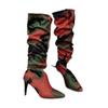 2024 Women's Shoes Knee-High Women's Boots Brand Modern Boots Women Print Pleated Pointed Toe Slip On Thin High Heel Shoes Women