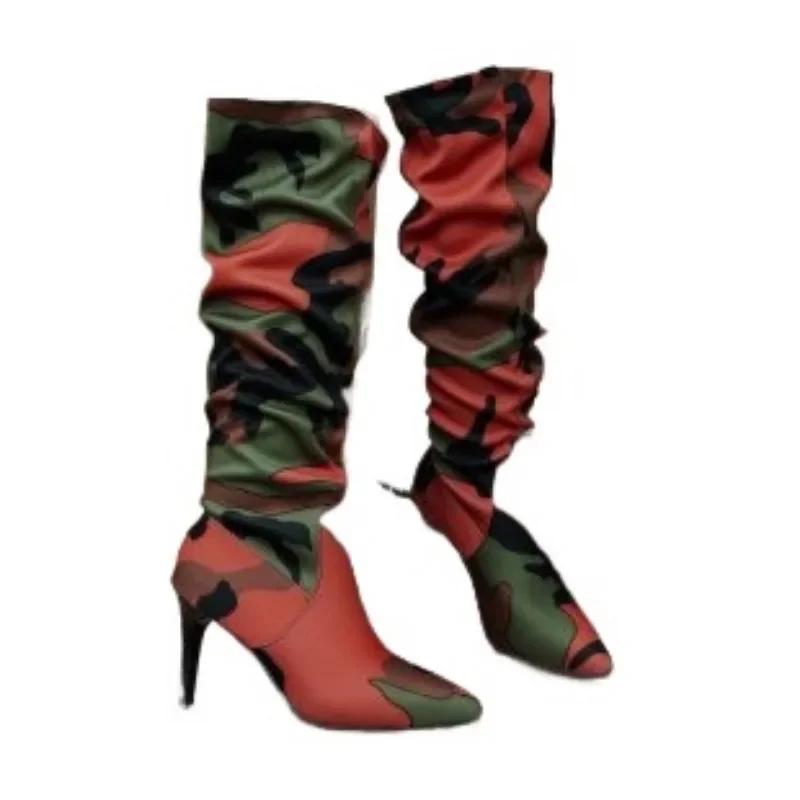 2024 Women's Shoes Knee-High Women's Boots Brand Modern Boots Women Print Pleated Pointed Toe Slip On Thin High Heel Shoes Women