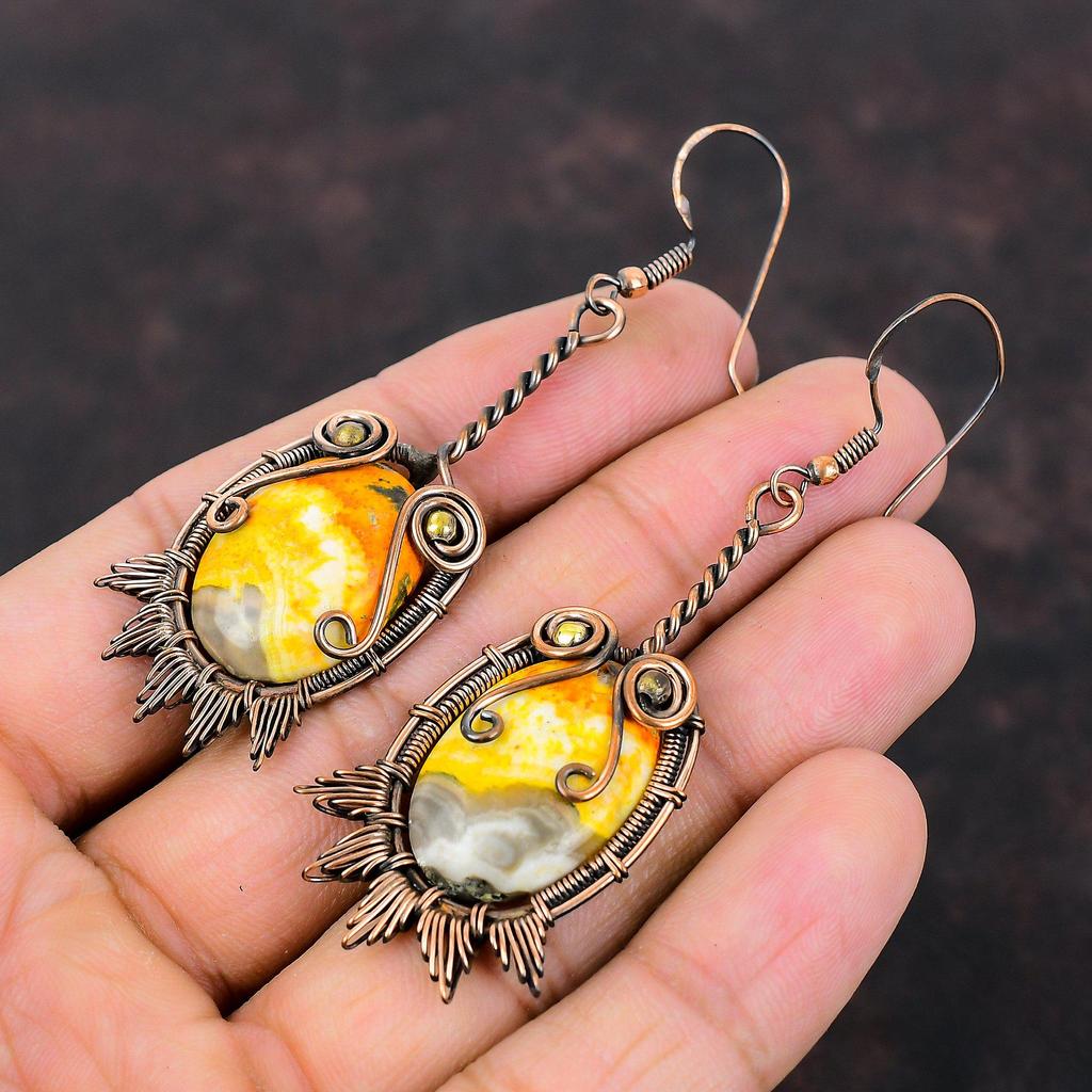 Серьги «Шмель-пчела» из яшмы, серьги из медной проволоки, уникальные серьги ручной работы, ювелирные изделия из драгоценных камней, серьги-капли, подарок для мамы, медные украшения