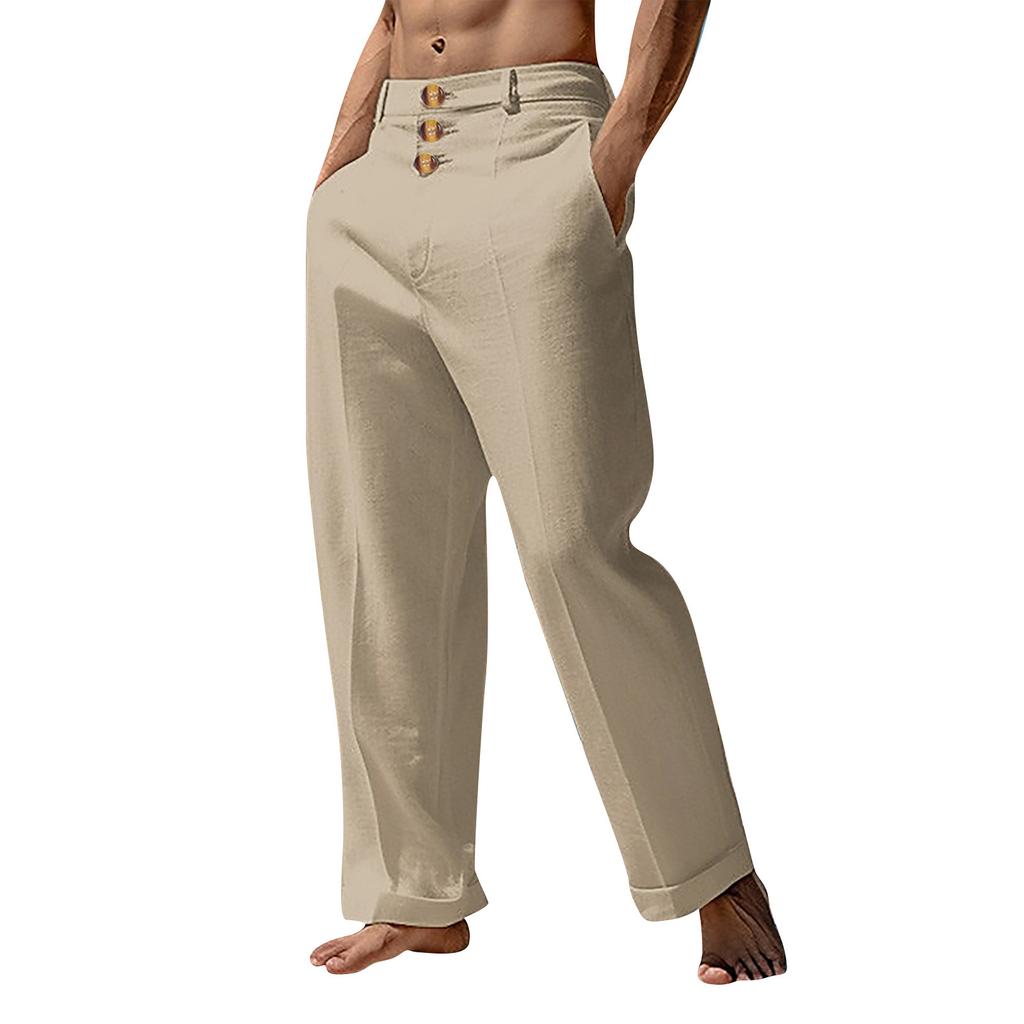 Мужские повседневные свободные и удобные повседневные брюки, хлопковые льняные брюки с пуговицами
