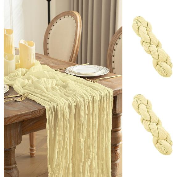 Baccessor 2 Pack Beige Cheesecloth Table Runner 35x120 Inch, 10ft Ivory Gauze Table Runner, Boho Rustic Sheer Cheese Cloths Runner for Wedding Baby
