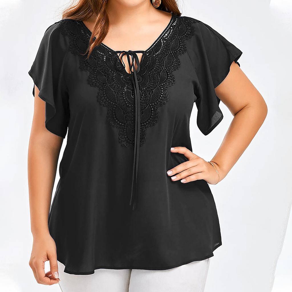 Women Fashion Plus Size Lace T-Shirt Blouse  Short Sleeve Tops