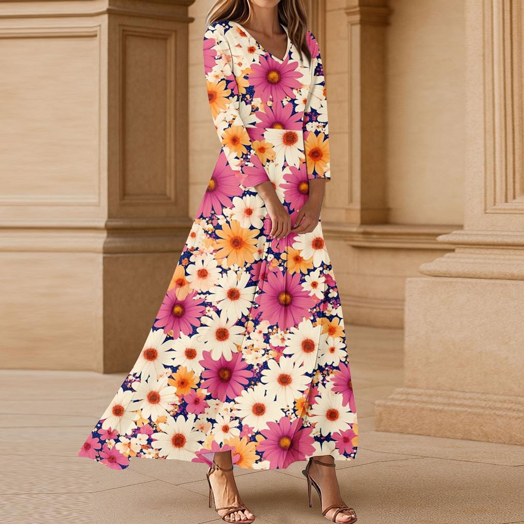 Women's Three-quarter Sleeves Fashionable Floral Print Loose Casual Comfortable Dress