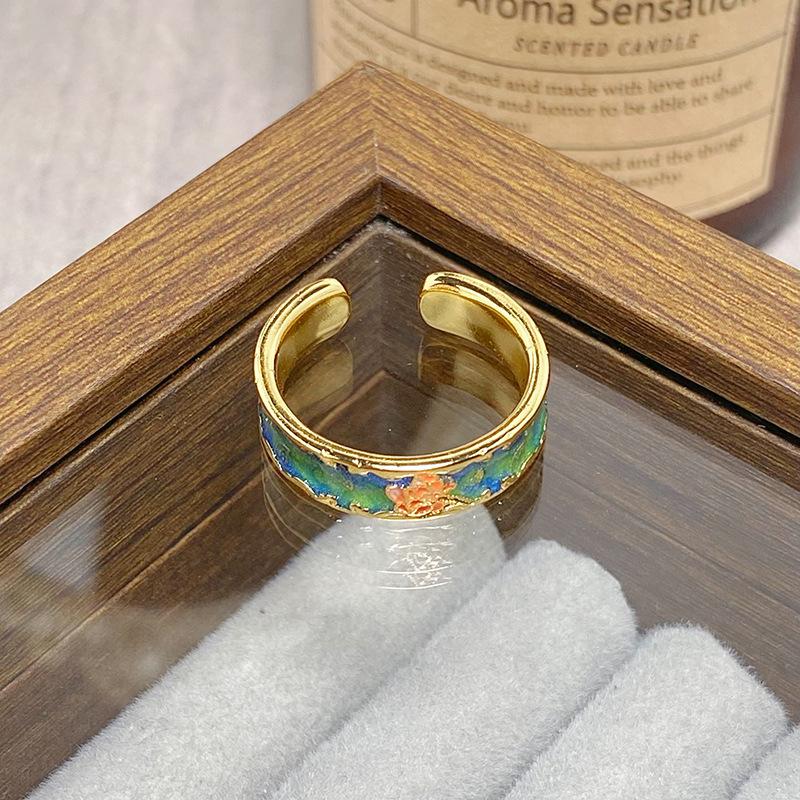 Средневековое Винтажное Цветное Эмалированное Цветок Бабочка Открывающийся Кольцо Женское Ретро Нишевое Высококлассное Легкая Роскошь Кольцо